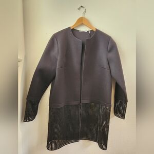 T Tahari Women's Larissa Coat Jacket Laser‎ Cut Trim Long Black Large NWT